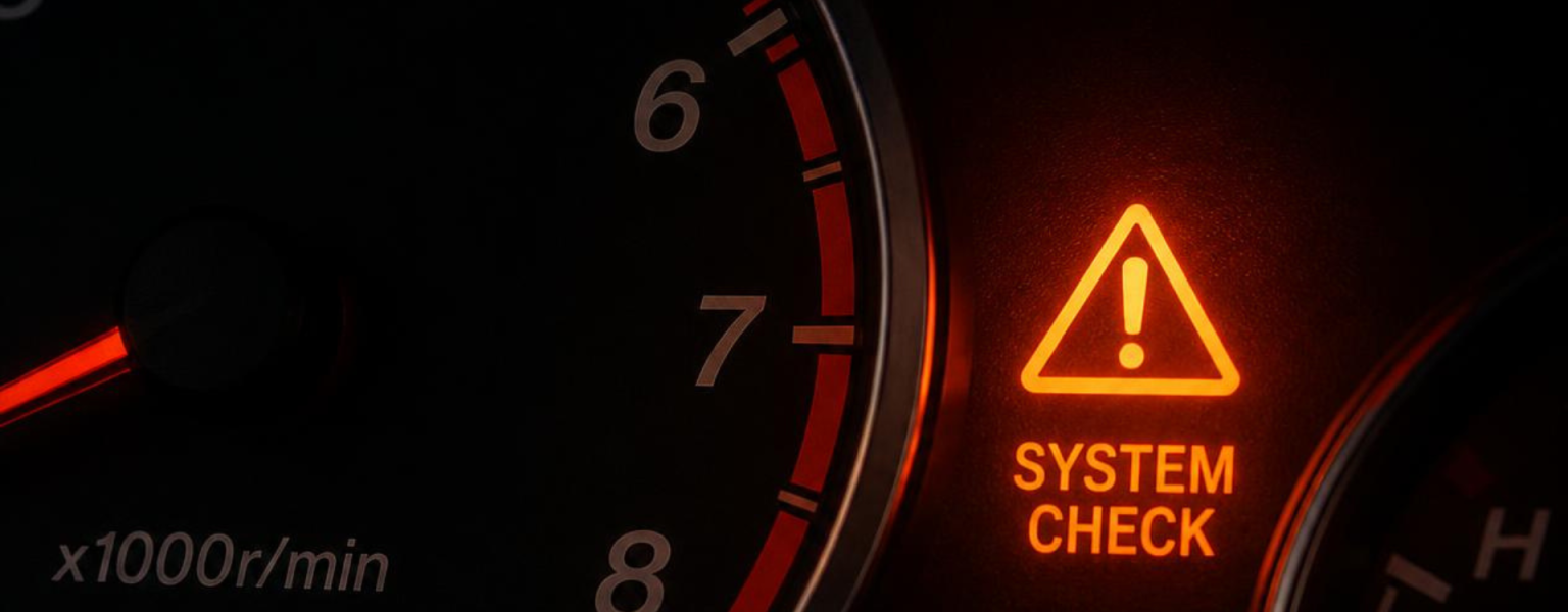 Primo piano del cruscotto di un'auto di notte con una spia luminosa accesa, simbolo dell'ansia intesa come segnale di avvertimento evolutivo